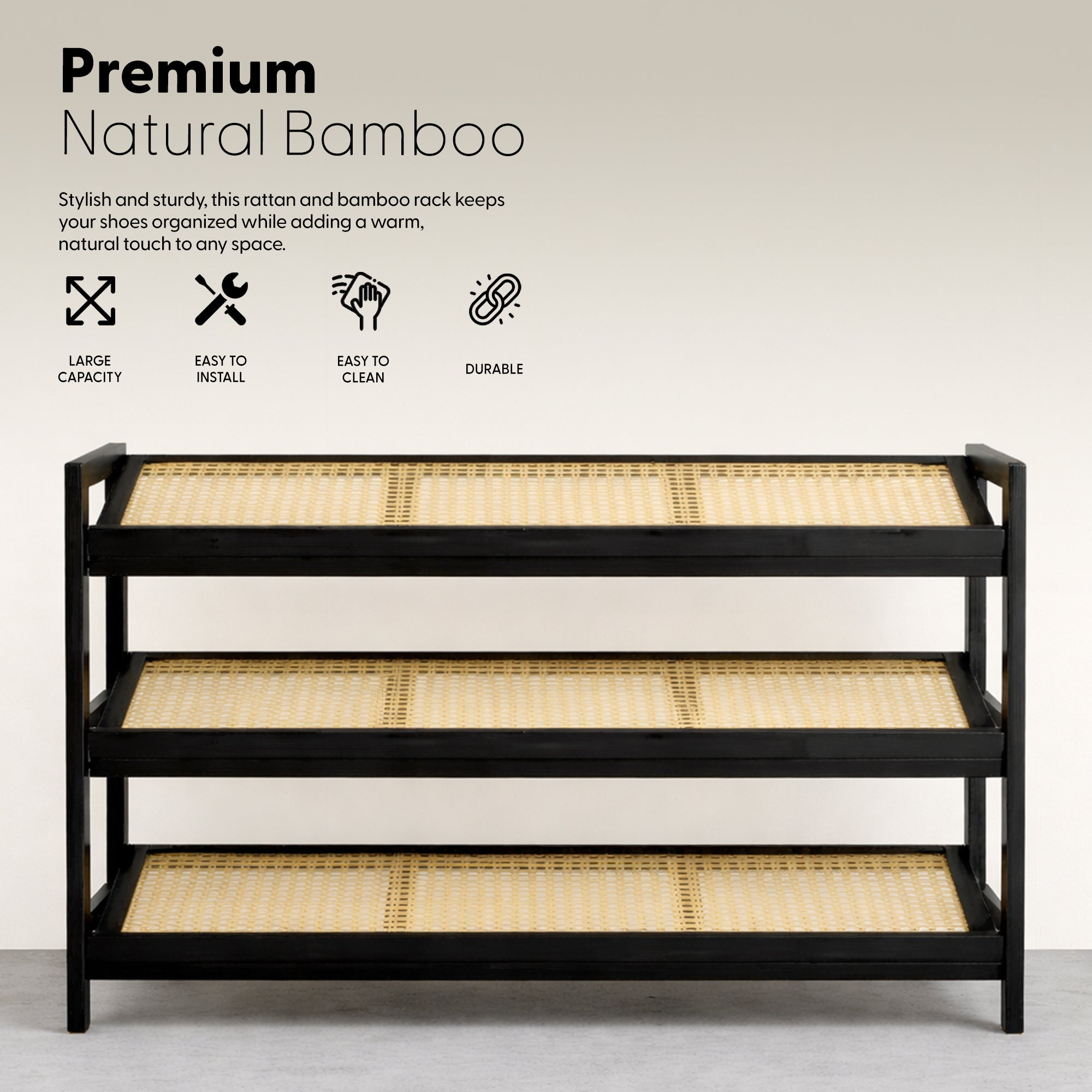 Bamboo & Rattan Shoe Rack Organiser (2/3/4-Tier)