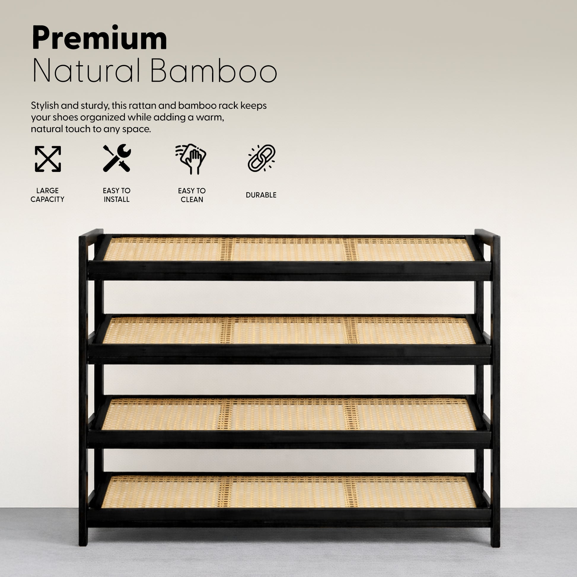 Bamboo & Rattan Shoe Rack Organiser (2/3/4-Tier)