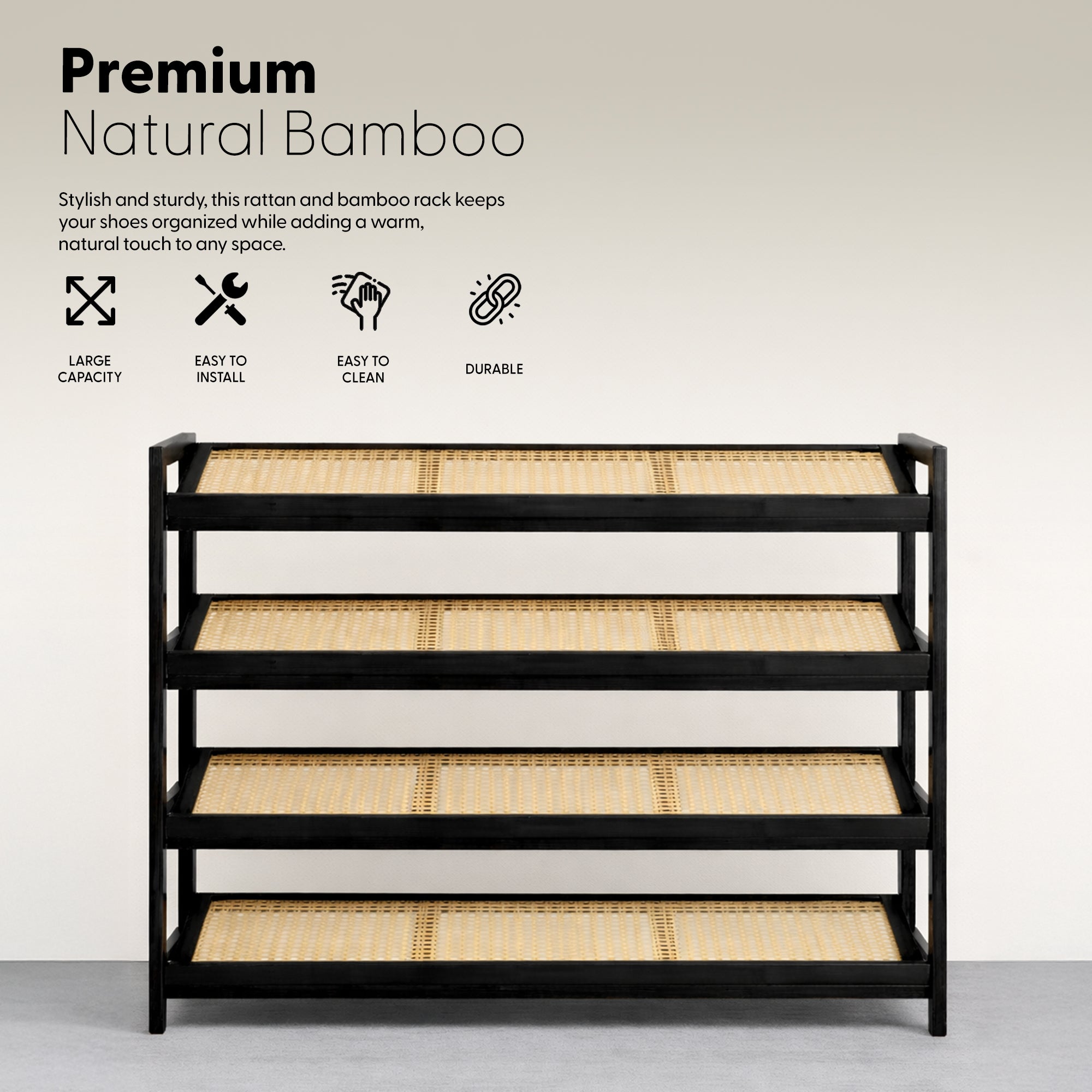 Bamboo & Rattan Shoe Rack Organiser (2/3/4-Tier)