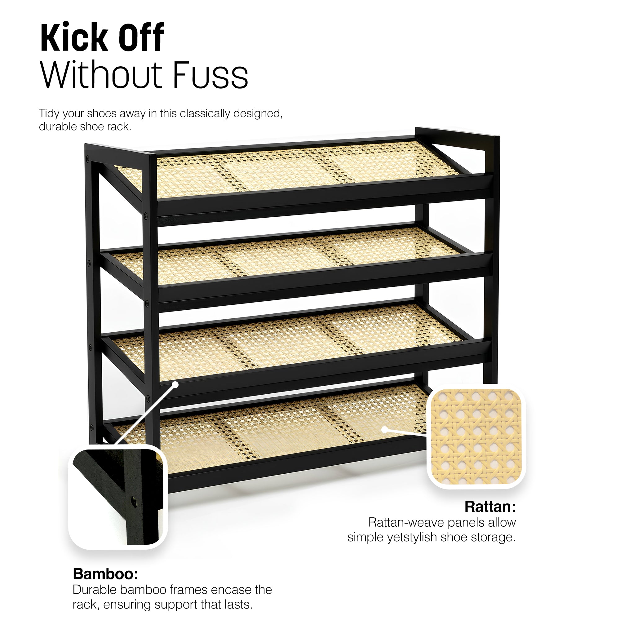 Bamboo & Rattan Shoe Rack Organiser (2/3/4-Tier)