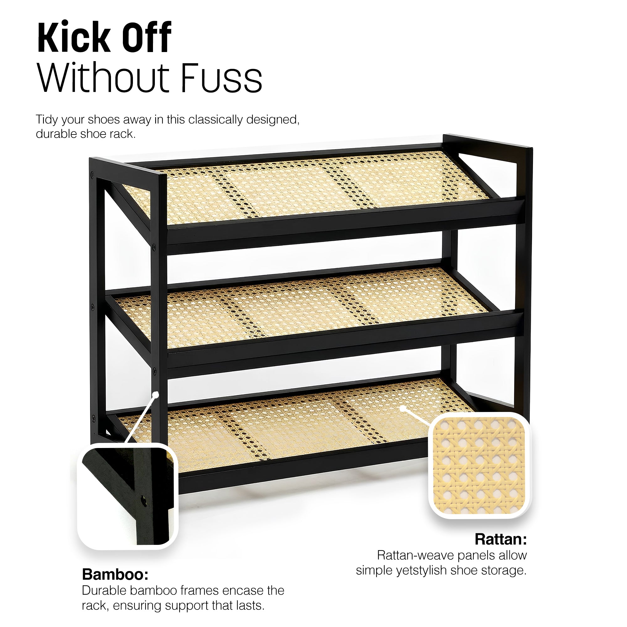 Bamboo & Rattan Shoe Rack Organiser (2/3/4-Tier)