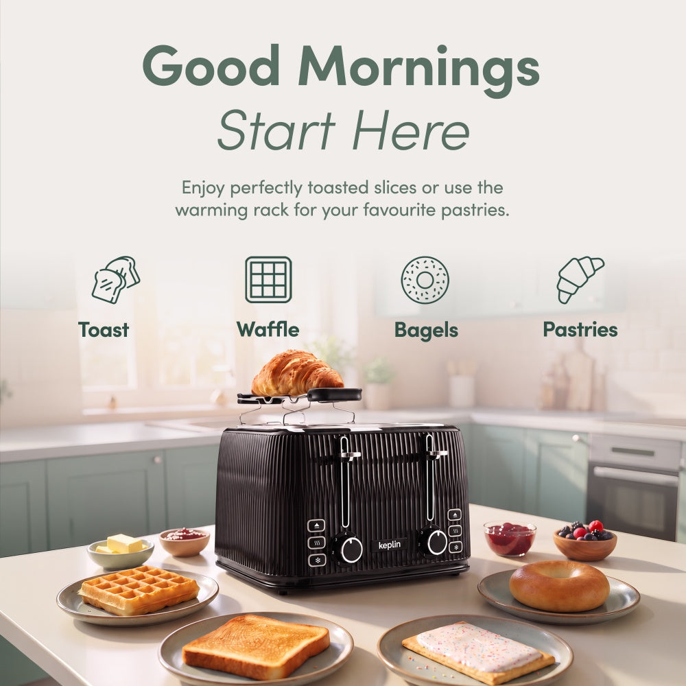 Keplin 4 slice toaster warming rack holding croissants above waffles, bagels and pastries