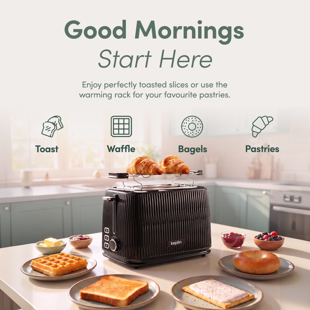 Keplin 2 slice toaster warming rack holding croissants above waffles, bagels and pastries