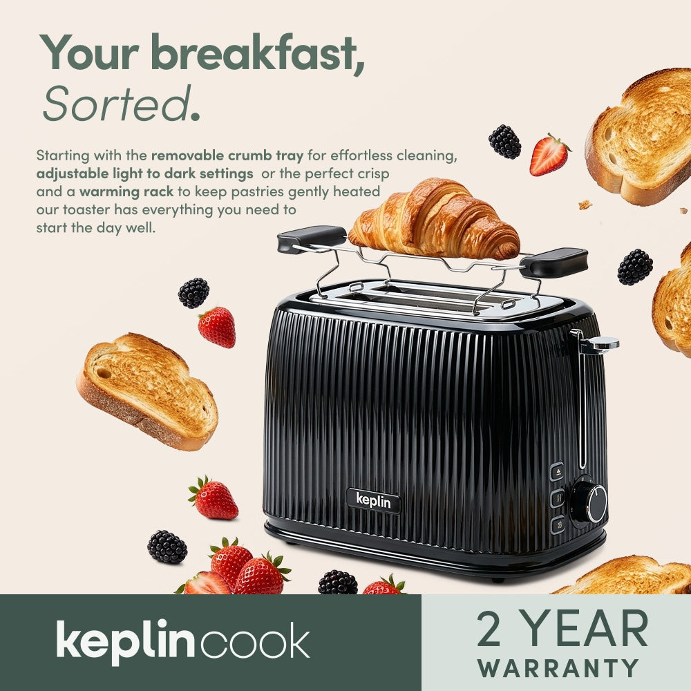 Keplin 2 slice toaster with crumb tray, browning settings and warming rack callouts, 2 year warranty