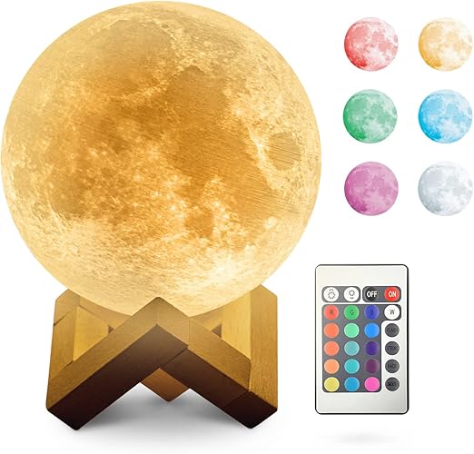 Bryte Moon Lamp - Touch-Controlled Lunar Mood Light with 16 Colors, 4 Brightness Levels, Timer Setting & Remote Control - Perfect for Home, Bedroom, Desk, LED Night Light & Gift (Unisex) [Energy Class A]