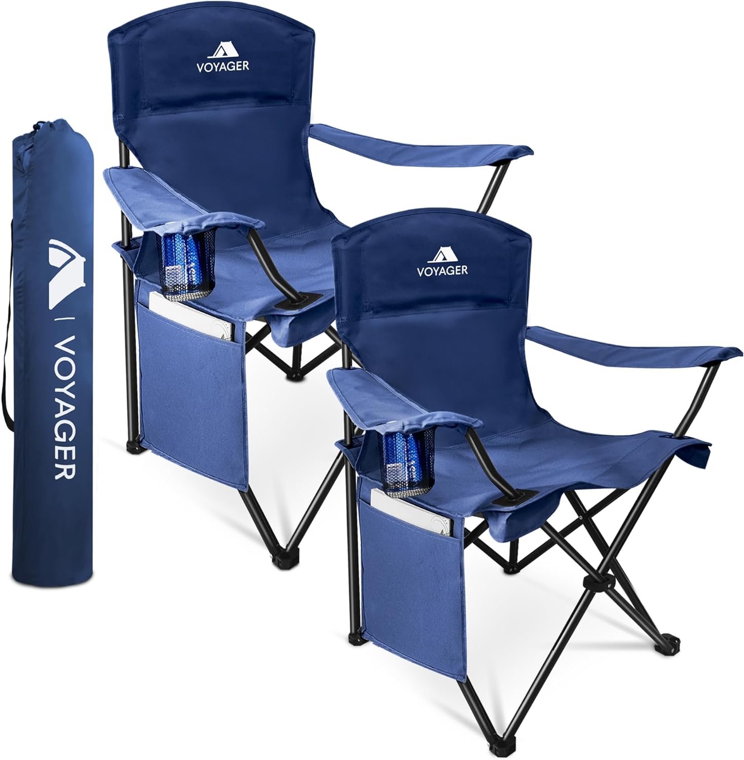 Voyager Folding Camping Chair 2-Pack, Lightweight with Pocket and Drinks Holder, Holds up to 120kg Each, Easy to Transport, Foldable Outdoor Chair Set