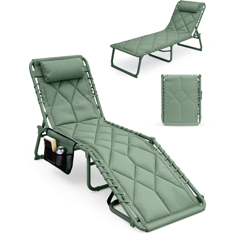 Keplin Quilted Folding Sun Lounger in Green – Padded 600D Oxford Fabric Outdoor Recliner