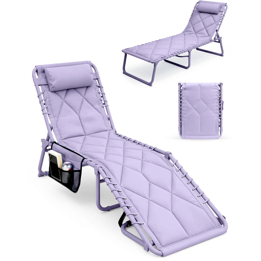 Keplin Quilted Folding Sun Lounger in Lilac – Padded 600D Oxford Fabric Garden Recliner