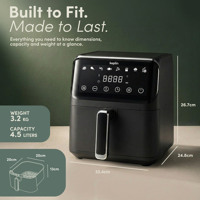 Keplin 4.5L Digital Air Fryer dimensions 33.4x24.8x26.7cm – 3.2kg compact worktop size

