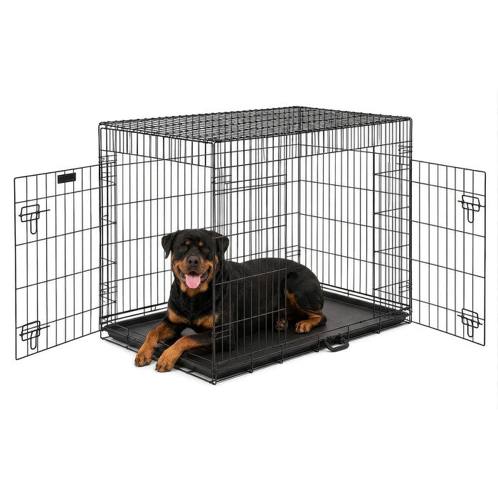 FurDreams Heavy Duty Dog Crate – Black Metal Folding Cage with Dual Doors, Chew-Resistant Plastic Tray, and Carry Handle – Perfect for Puppy Training