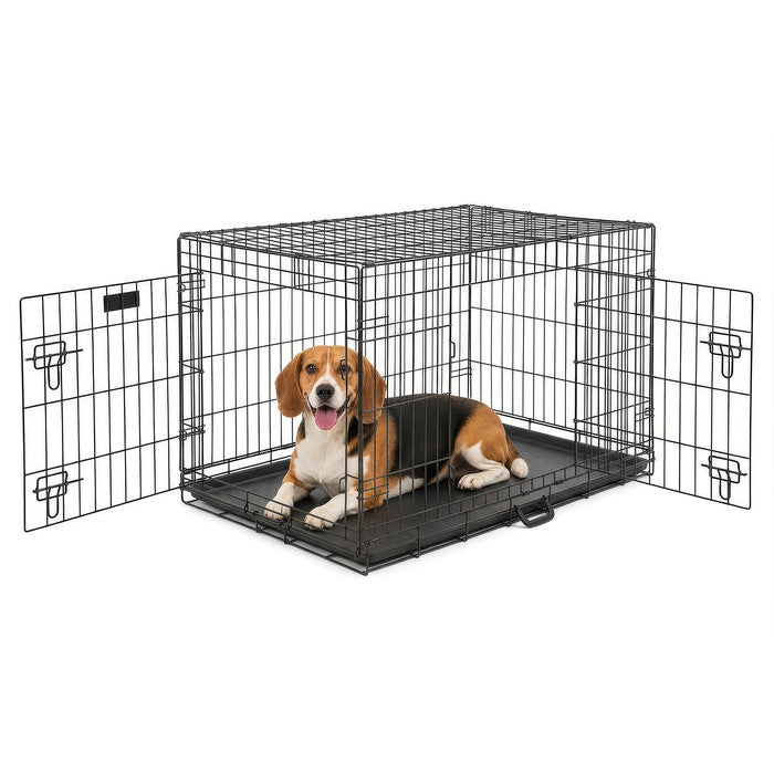 FurDreams Heavy Duty Dog Crate – Black Metal Folding Cage with Dual Doors, Chew-Resistant Plastic Tray, and Carry Handle – Perfect for Puppy Training
