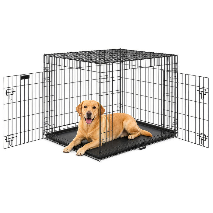 FurDreams Heavy Duty Dog Crate – Black Metal Folding Cage with Dual Doors, Chew-Resistant Plastic Tray, and Carry Handle – Perfect for Puppy Training