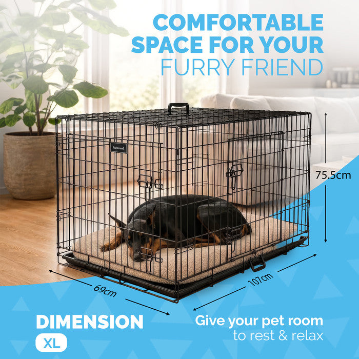 FurDreams Heavy Duty Dog Crate – Black Metal Folding Cage with Dual Doors, Chew-Resistant Plastic Tray, and Carry Handle – Perfect for Puppy Training