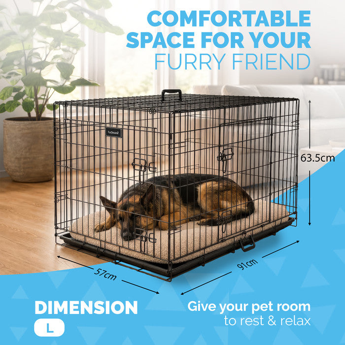 FurDreams Heavy Duty Dog Crate – Black Metal Folding Cage with Dual Doors, Chew-Resistant Plastic Tray, and Carry Handle – Perfect for Puppy Training