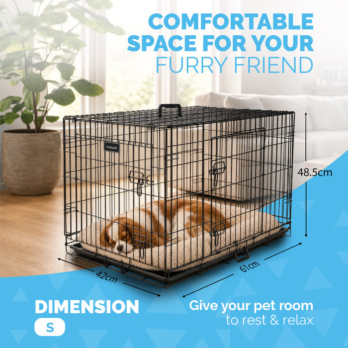 FurDreams Heavy Duty Dog Crate – Black Metal Folding Cage with Dual Doors, Chew-Resistant Plastic Tray, and Carry Handle – Perfect for Puppy Training