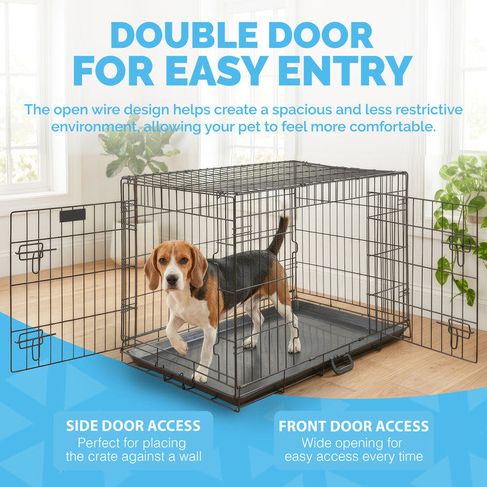 FurDreams Heavy Duty Dog Crate – Black Metal Folding Cage with Dual Doors, Chew-Resistant Plastic Tray, and Carry Handle – Perfect for Puppy Training