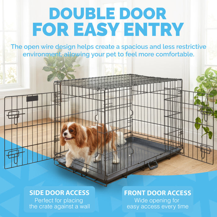 FurDreams Heavy Duty Dog Crate – Black Metal Folding Cage with Dual Doors, Chew-Resistant Plastic Tray, and Carry Handle – Perfect for Puppy Training