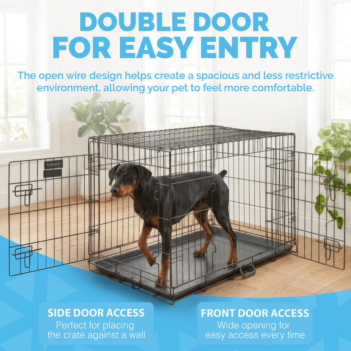 FurDreams Heavy Duty Dog Crate – Black Metal Folding Cage with Dual Doors, Chew-Resistant Plastic Tray, and Carry Handle – Perfect for Puppy Training