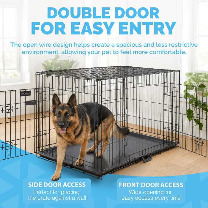 FurDreams Heavy Duty Dog Crate – Black Metal Folding Cage with Dual Doors, Chew-Resistant Plastic Tray, and Carry Handle – Perfect for Puppy Training