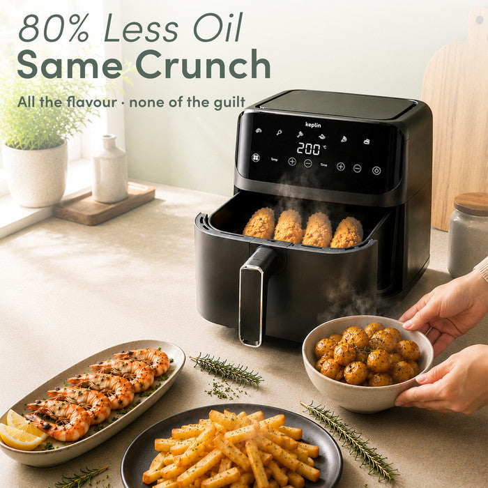 Air fryer cooking chips and prawns with 80% less oil – healthy low-fat frying results