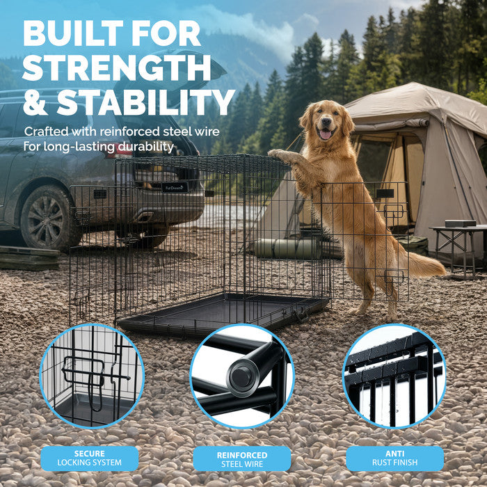 FurDreams Heavy Duty Dog Crate – Black Metal Folding Cage with Dual Doors, Chew-Resistant Plastic Tray, and Carry Handle – Perfect for Puppy Training