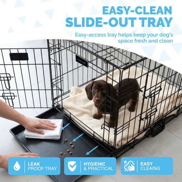 FurDreams Heavy Duty Dog Crate – Black Metal Folding Cage with Dual Doors, Chew-Resistant Plastic Tray, and Carry Handle – Perfect for Puppy Training