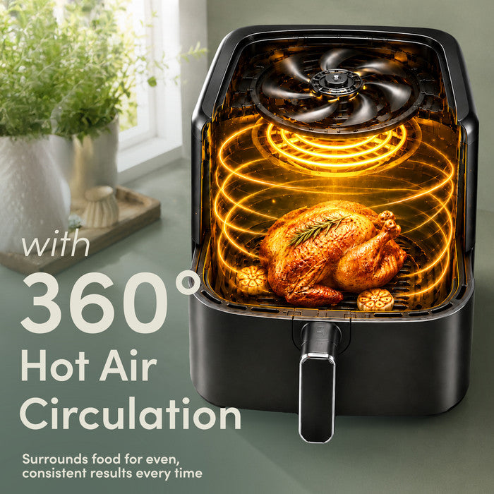 360 degree hot air circulation cooking whole chicken evenly in digital air fryer basket