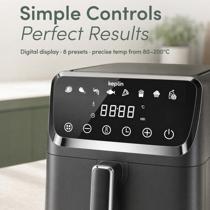 Keplin Air Fryer digital touchscreen with 8 presets and 80–200°C temperature control
