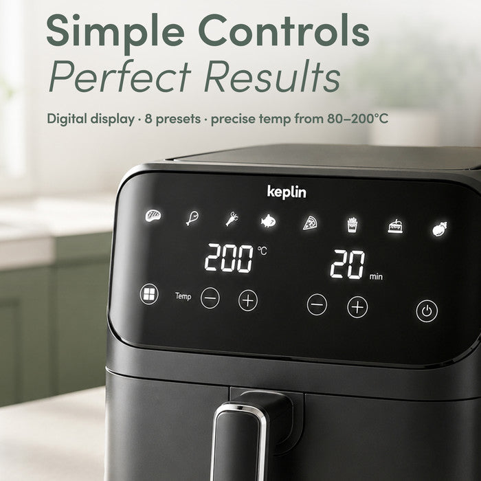 Digital air fryer touchscreen panel with 8 presets and precise temperature control 80-200°C