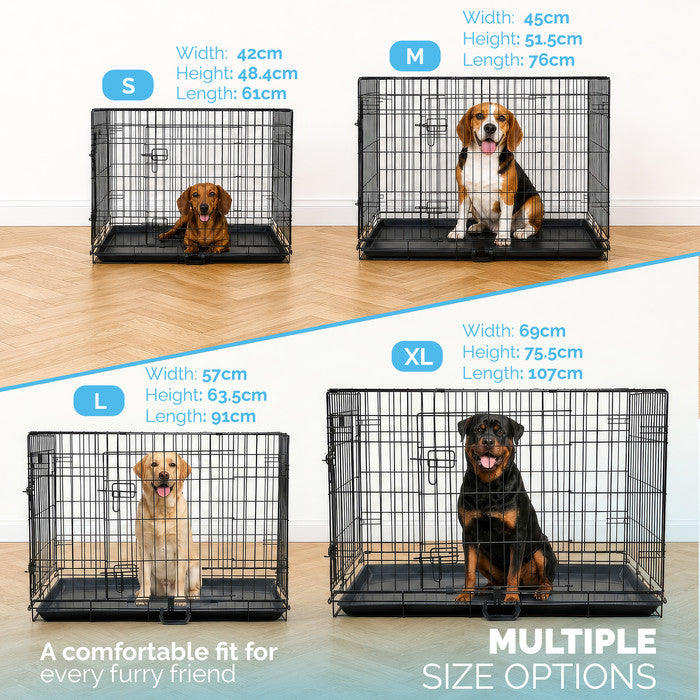 FurDreams Heavy Duty Dog Crate – Black Metal Folding Cage with Dual Doors, Chew-Resistant Plastic Tray, and Carry Handle – Perfect for Puppy Training