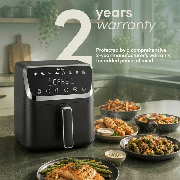 Keplin Air Fryer 2-year warranty – chips, chicken, salmon and roasted veg kitchen lifestyle
