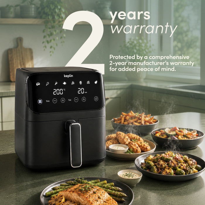 4.5L air fryer with family meals – roasted salmon, chicken, chips and vegetables, 2-year warranty