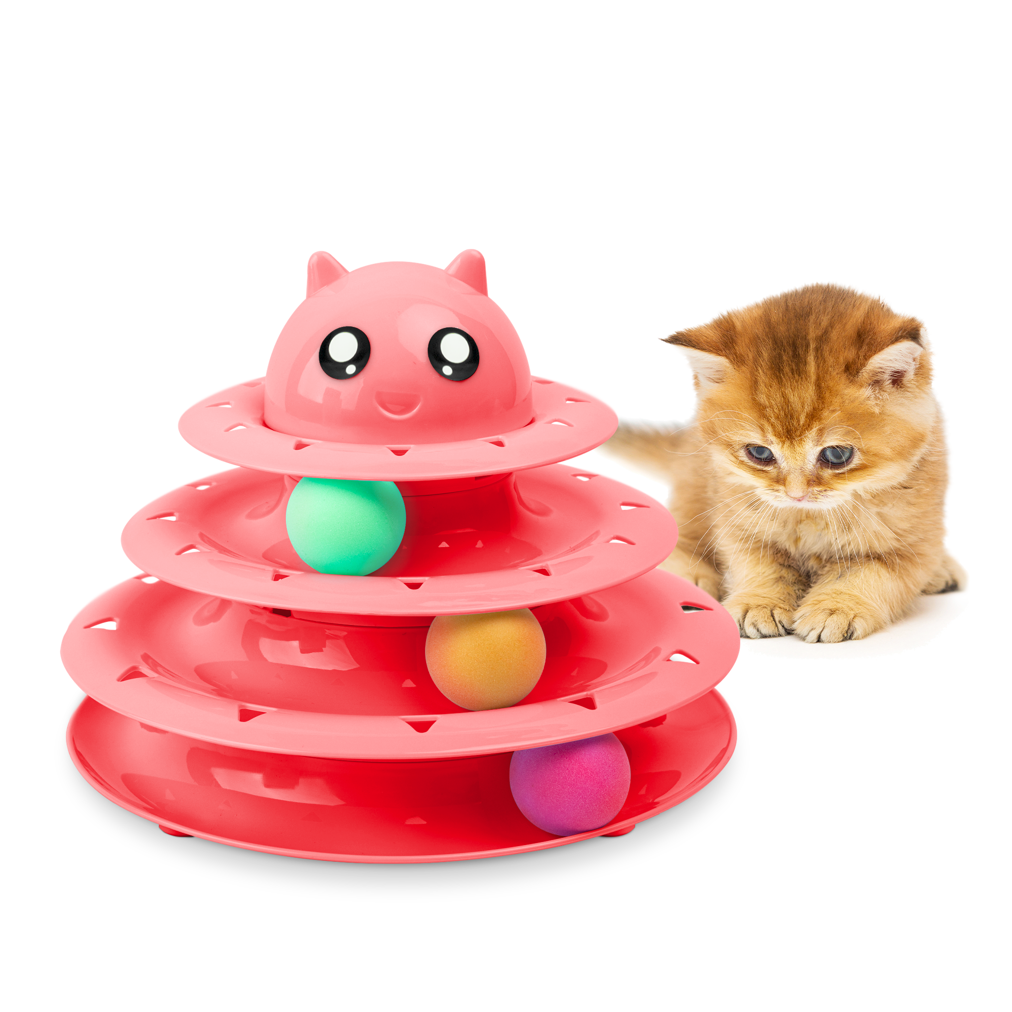 FurDreams Cat Roller Ball Toy Interactive | 3 Tier Tower Fun Cat Ball Toy with 3 Colour Balls | 3 Level Cat Teaser Toy with Cat Play Balls | Cat Puzzle Toy for Exercise and Stimulation