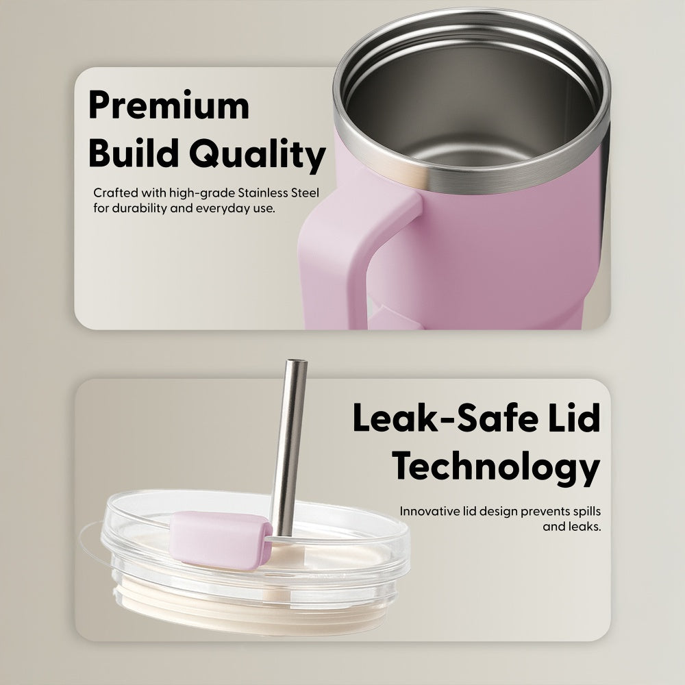 Cream Pink 40oz Stainless Steel Tumbler Spill-Proof Lid UK