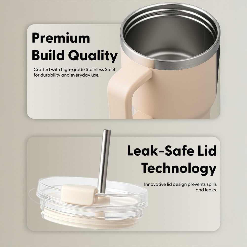 Cream White 40oz Stainless Steel Tumbler Spill-Proof Lid UK