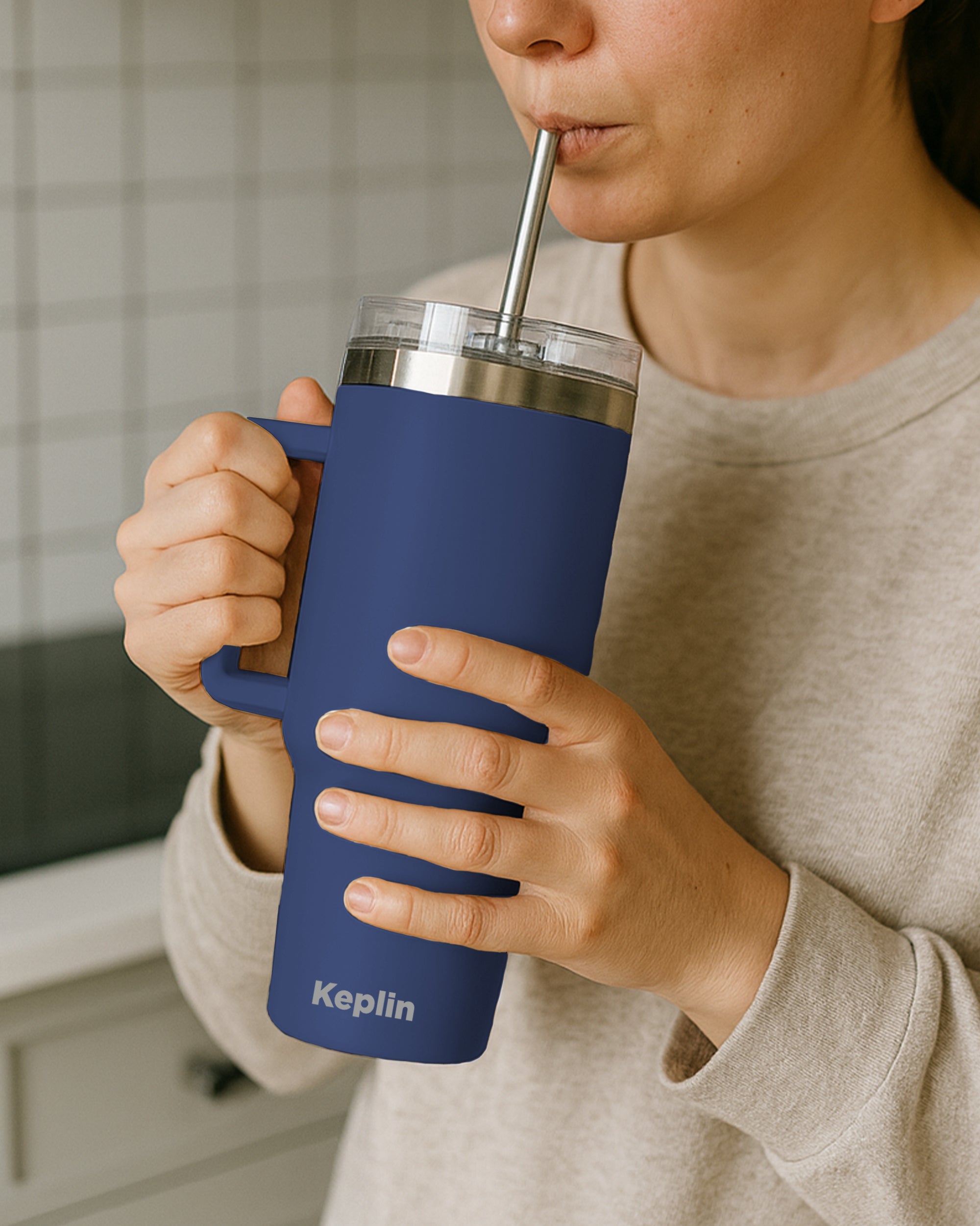 Keplin Tumbler 40 oz with Handle, Stainless Steel Vacuum Insulated Water Bottle with Straw and Lid, Cold for 29 Hours, Travel Mug, Thermal Flask, BPA Free