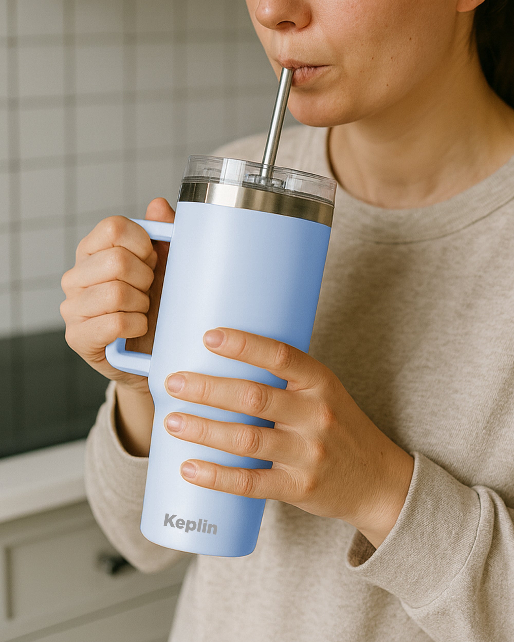 Keplin Tumbler 40 oz with Handle, Stainless Steel Vacuum Insulated Water Bottle with Straw and Lid, Cold for 29 Hours, Travel Mug, Thermal Flask, BPA Free