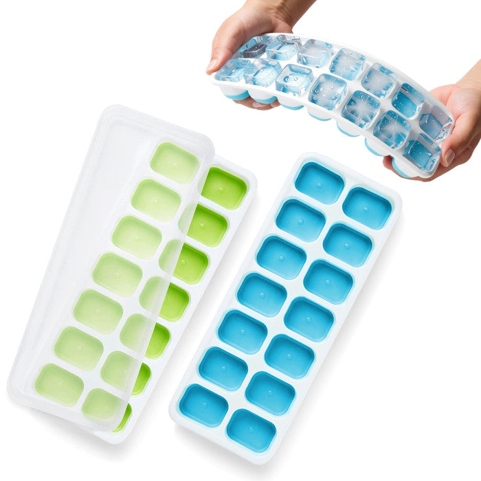 Keplin blue and green mixed silicone ice cube tray with non-spill lid, flexible 14-cube freezer mould, hands holding tray filled with clear ice cubes