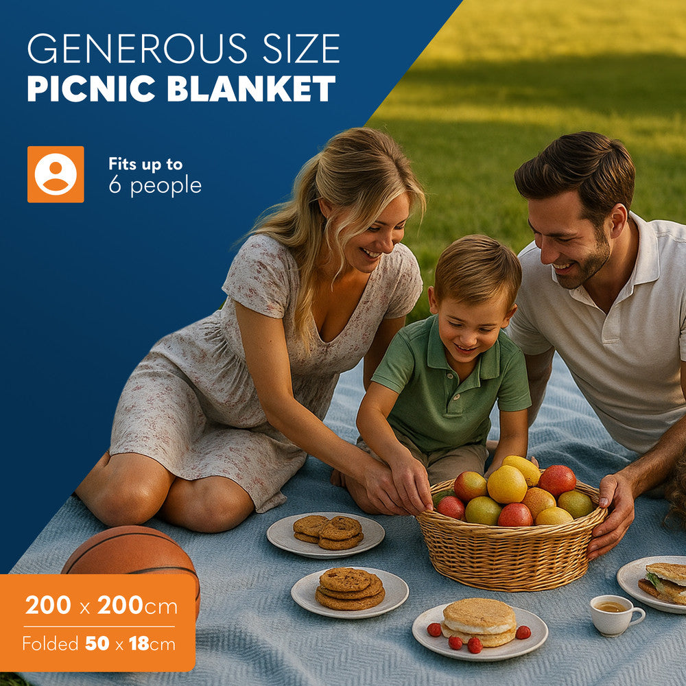 Voyager Picnic Blanket – Herringbone Extra Large Outdoor Rug 200x200cm – Waterproof & Sandproof Mat for 6-8 People – Foldable with Handle – Stylish Camping & Beach Blanket