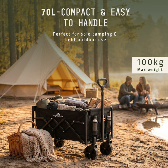 70L folding camping trolley at campsite – compact & lightweight 100kg festival trolley