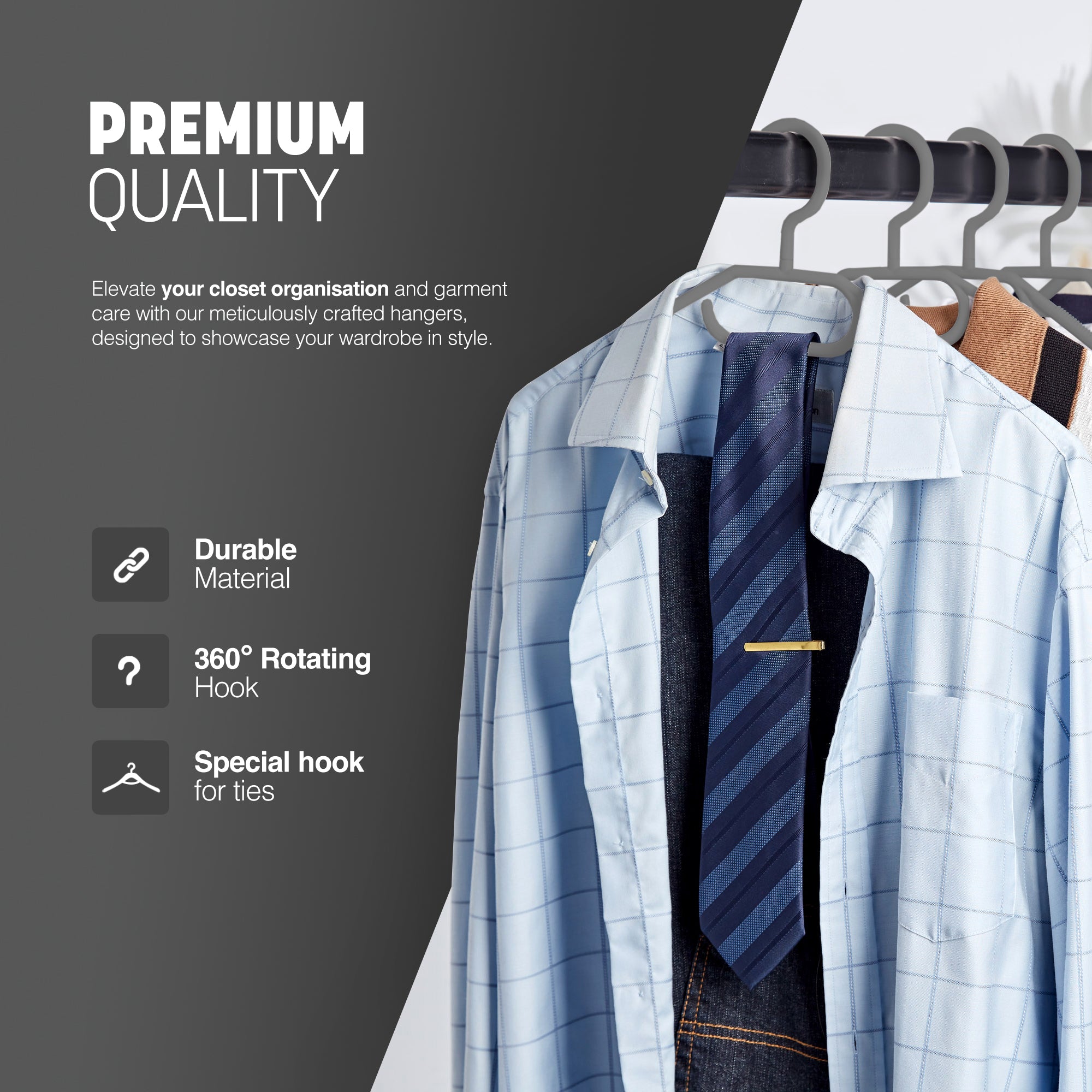 Heavy Duty Swivel Hook Hangers - Space Saving & Non Slip Coat Hangers with Rotating Hook & Tie