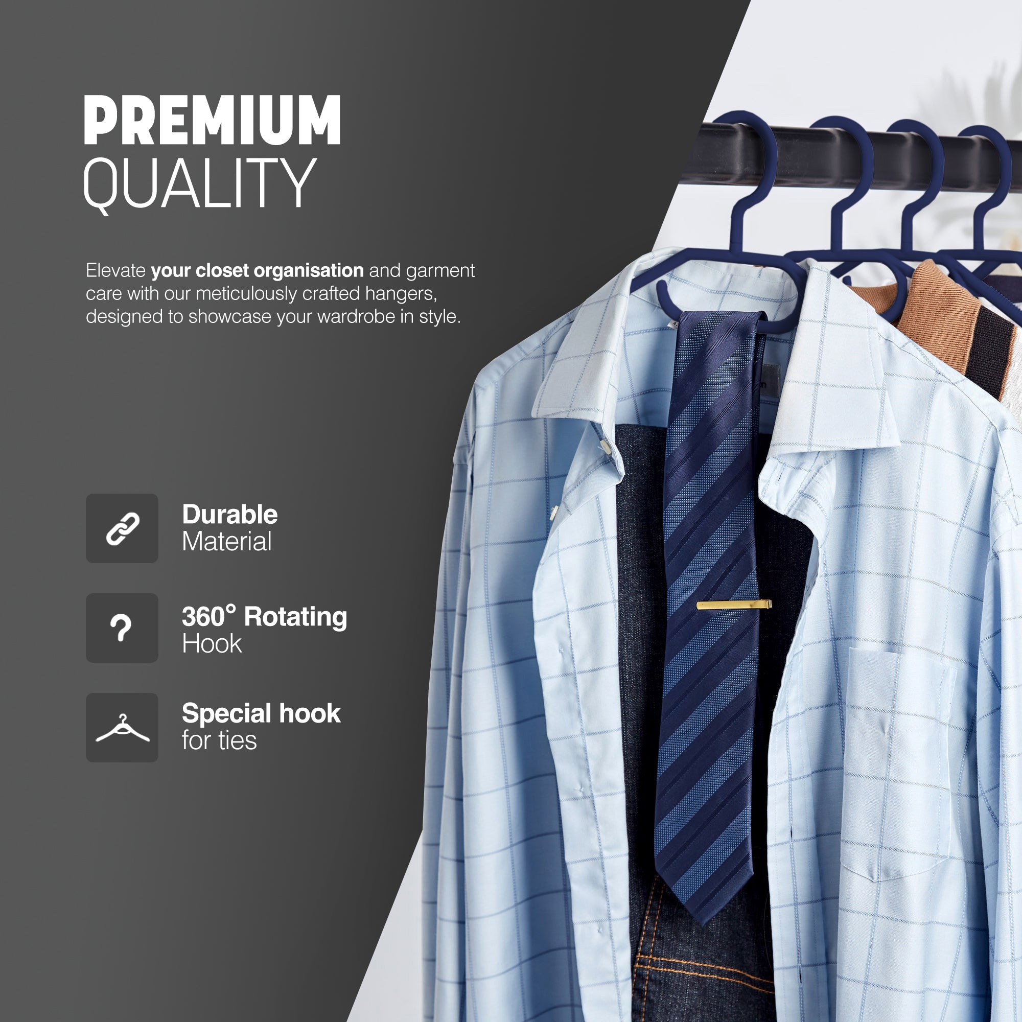 Heavy Duty Swivel Hook Hangers - Space Saving & Non Slip Coat Hangers with Rotating Hook & Tie