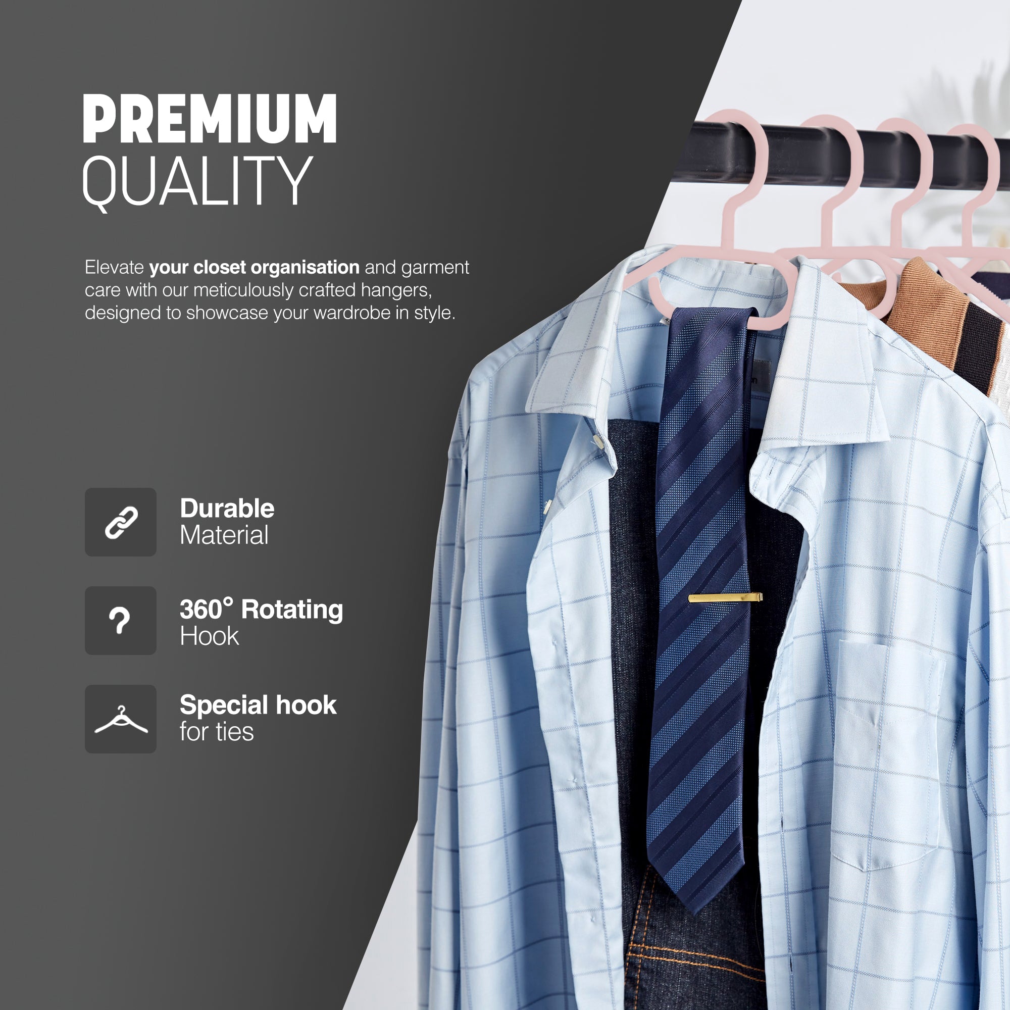 Heavy Duty Swivel Hook Hangers - Space Saving & Non Slip Coat Hangers with Rotating Hook & Tie