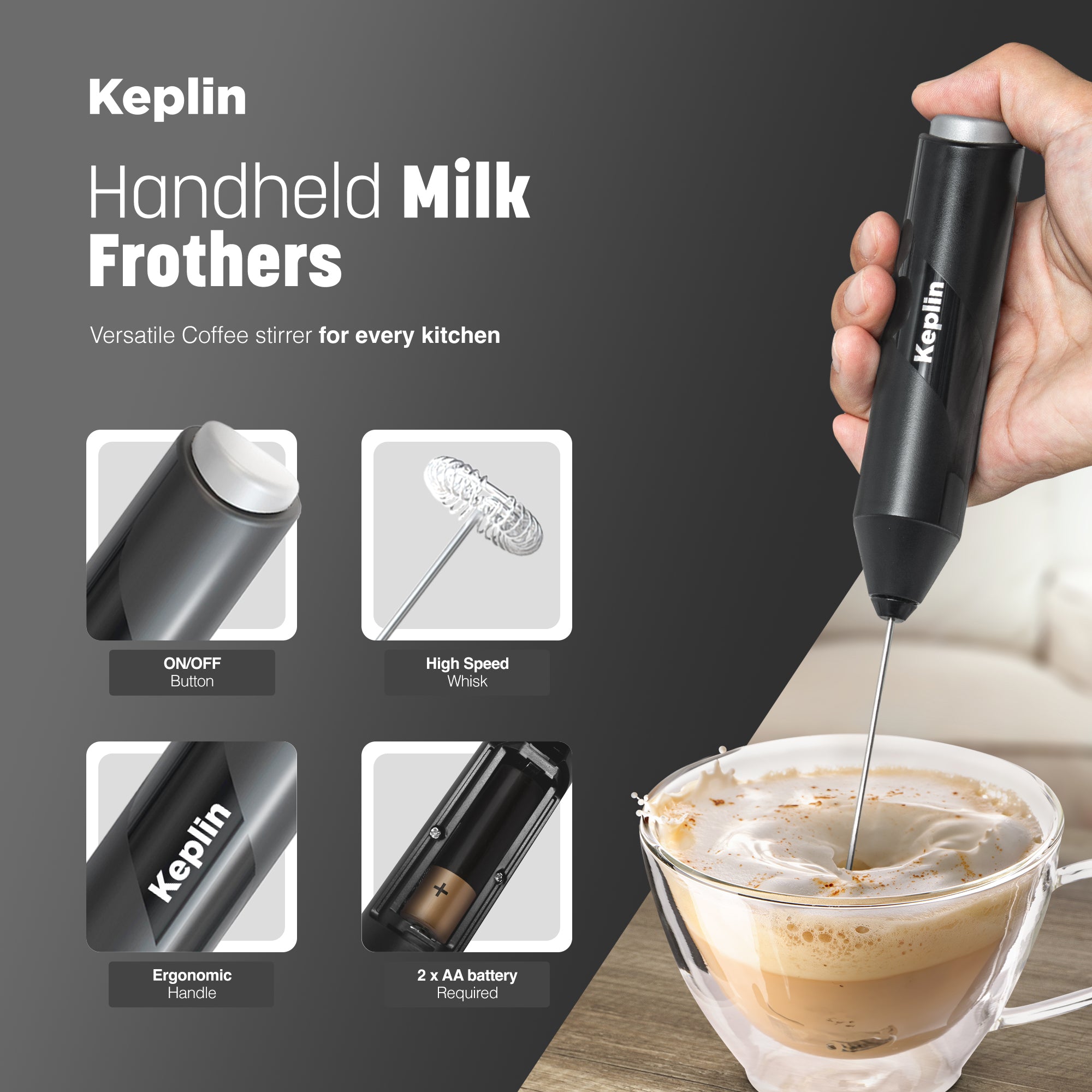 Keplin Milk Frother Handheld, Electric Milk Foam Maker with Stainless Steel Whisk, Hand Drink Mixer for Coffee, Battery Operated, Electric Stirrer Coffee Mixer Wand