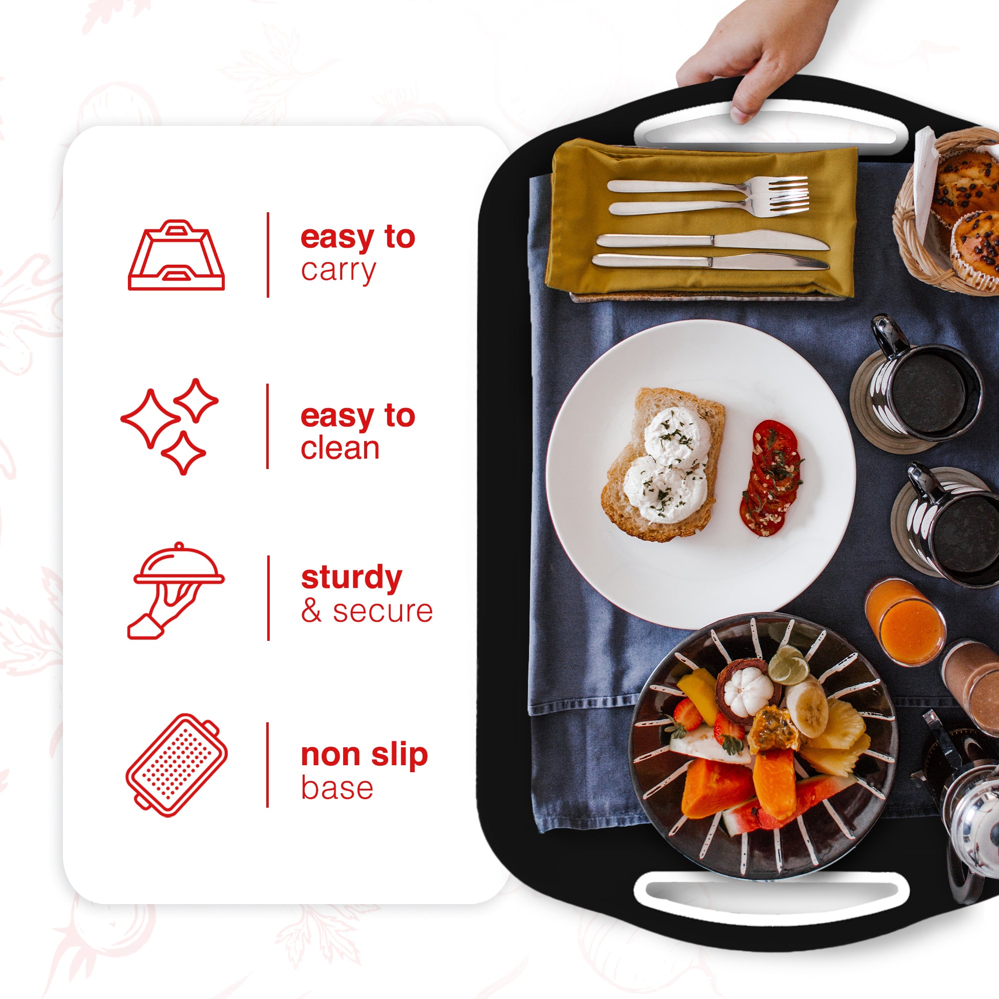 Essen 3-Pack Serving Tray Set – Non-Slip Lap Boards with Grip Handles, Ideal for Food Prep, Tea, Breakfast in Bed – Plastic Tray for Stable Dining – Dishwasher Safe