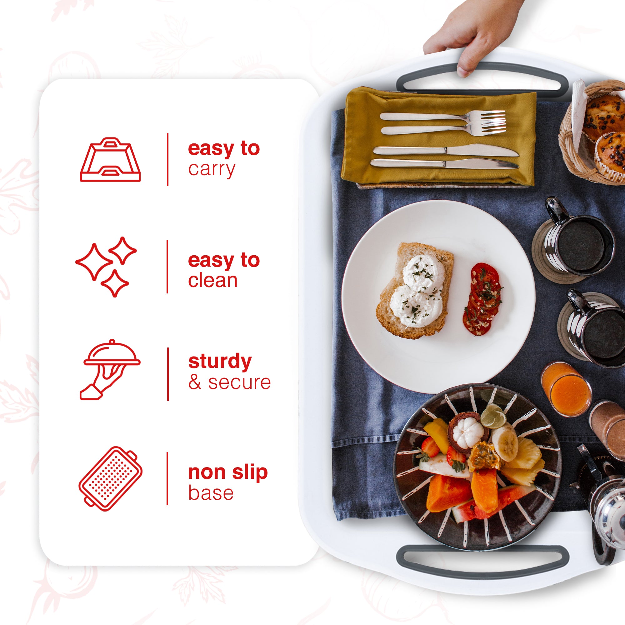 Essen 3-Pack Serving Tray Set – Non-Slip Lap Boards with Grip Handles, Ideal for Food Prep, Tea, Breakfast in Bed – Plastic Tray for Stable Dining – Dishwasher Safe