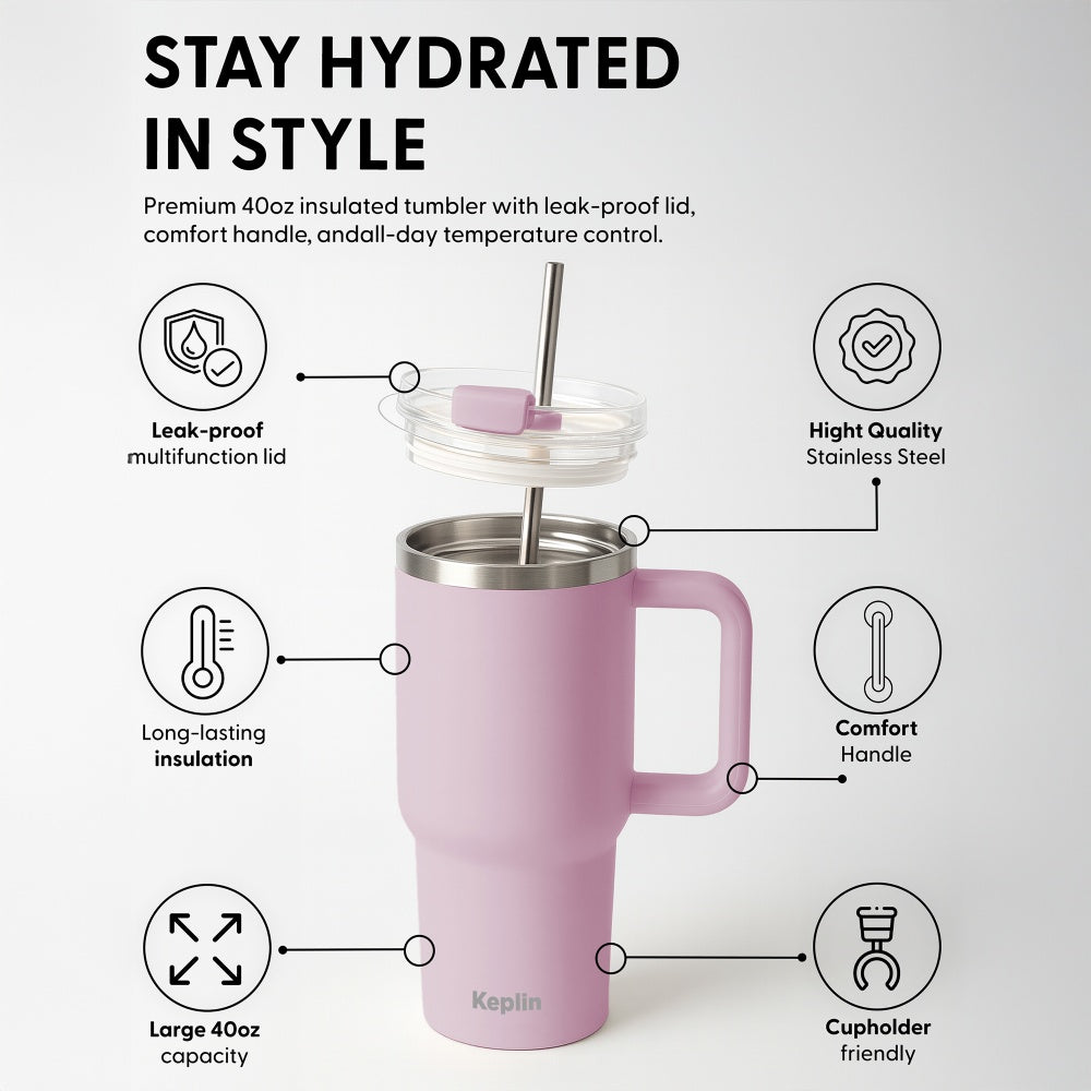 Cream Pink 40oz Vacuum Tumbler Stainless Steel Lid Handle UK