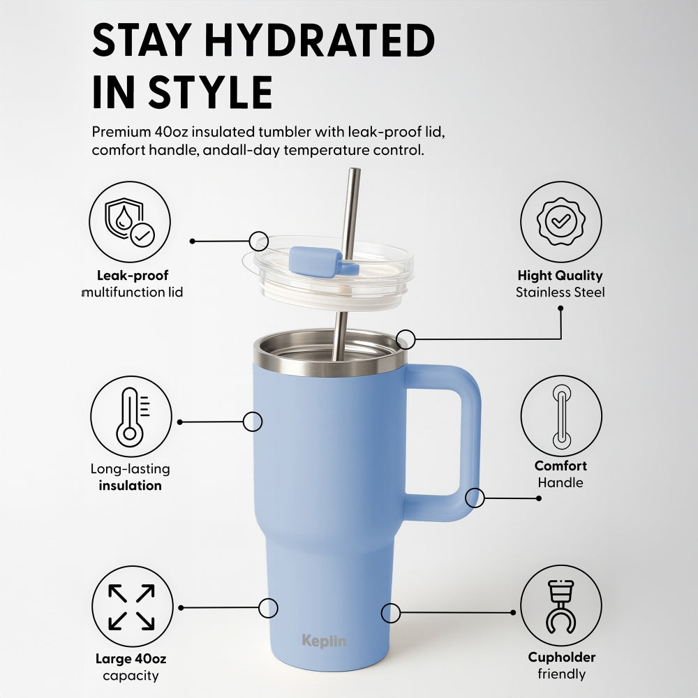 Light Blue 40oz Vacuum Tumbler Stainless Steel Lid Handle UK
