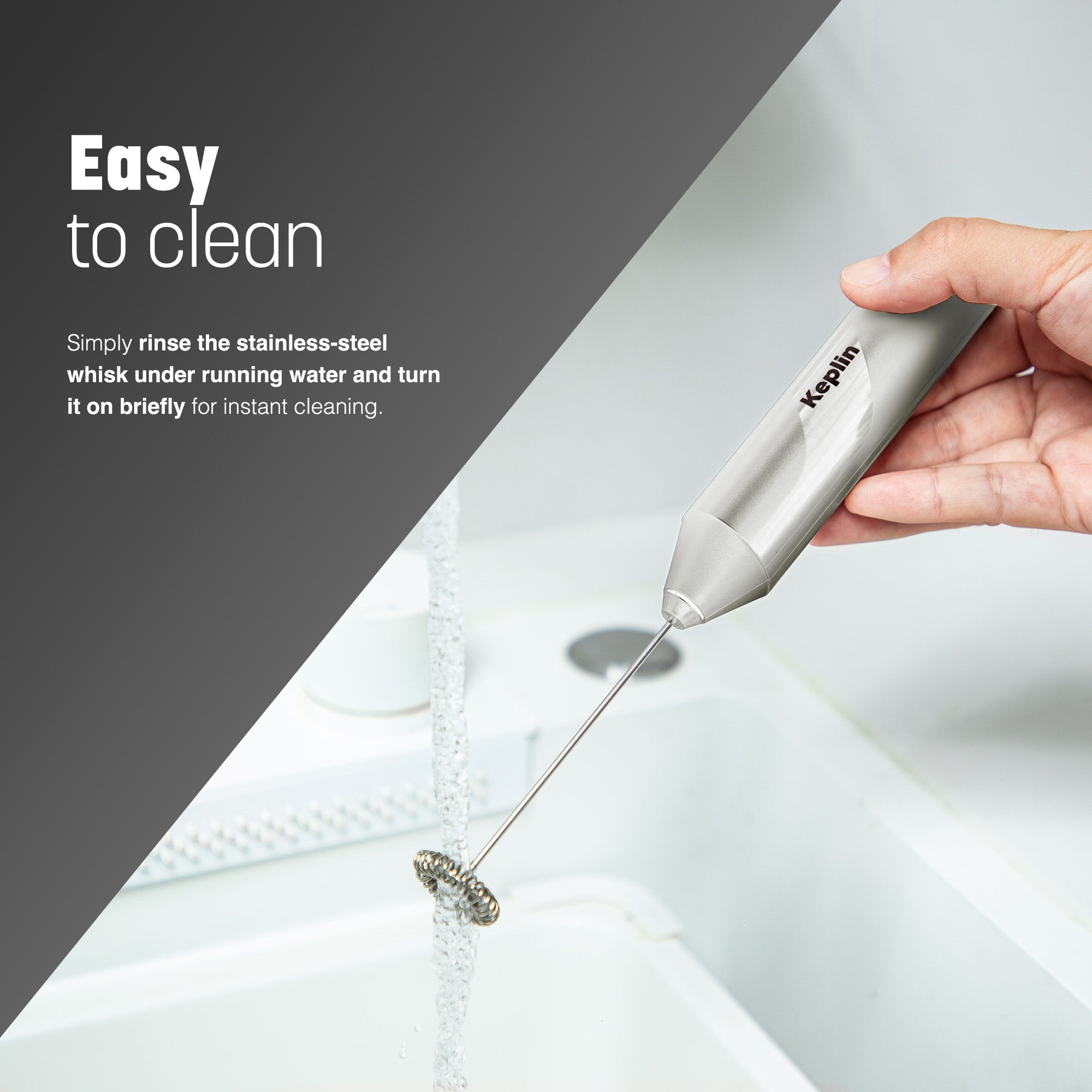 Keplin Milk Frother Handheld, Electric Milk Foam Maker with Stainless Steel Whisk, Hand Drink Mixer for Coffee, Battery Operated, Electric Stirrer Coffee Mixer Wand