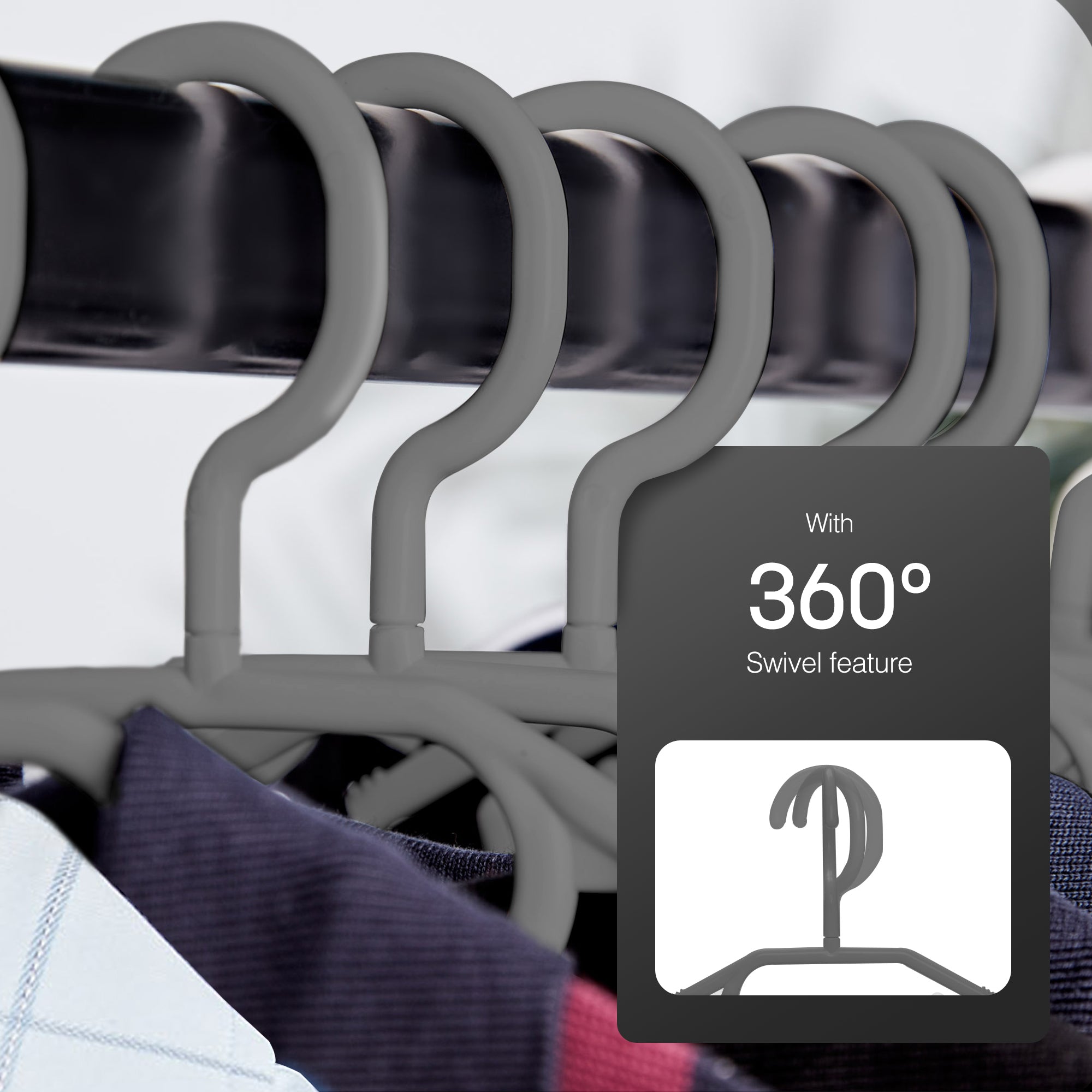 Heavy Duty Swivel Hook Hangers - Space Saving & Non Slip Coat Hangers with Rotating Hook & Tie